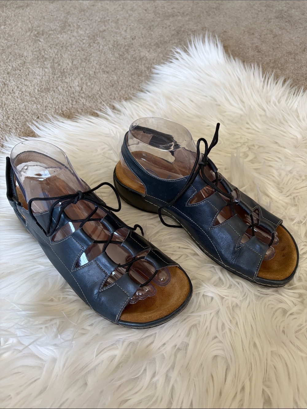 Wolky Kite Blue Leather Ghillie Lace-Up Cutout Comfort Sandals Size EU 38